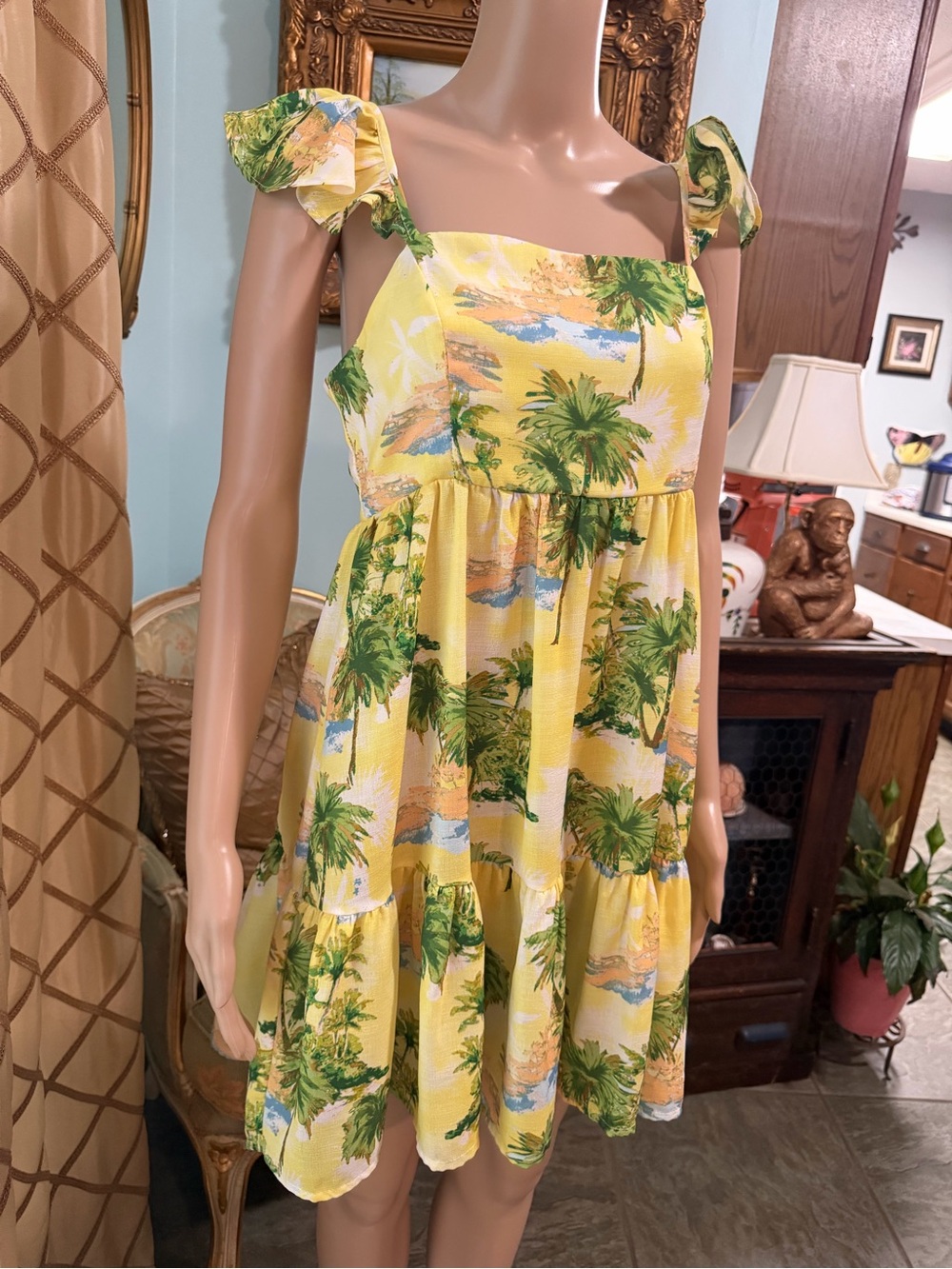 Flying Tomato Yellow and Green Palm-Print Summer Dress